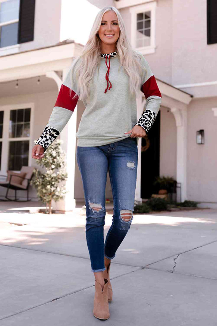 Leopard Color Block Drawstring Detail Sweatshirt |1mrk.com