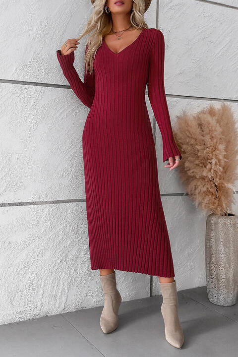 V-Neck Long Sleeve Ribbed Sweater Dress | 1mrk.com