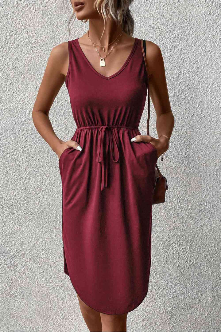 V-Neck Curved Hem Sleeveless Dress |1mrk.com