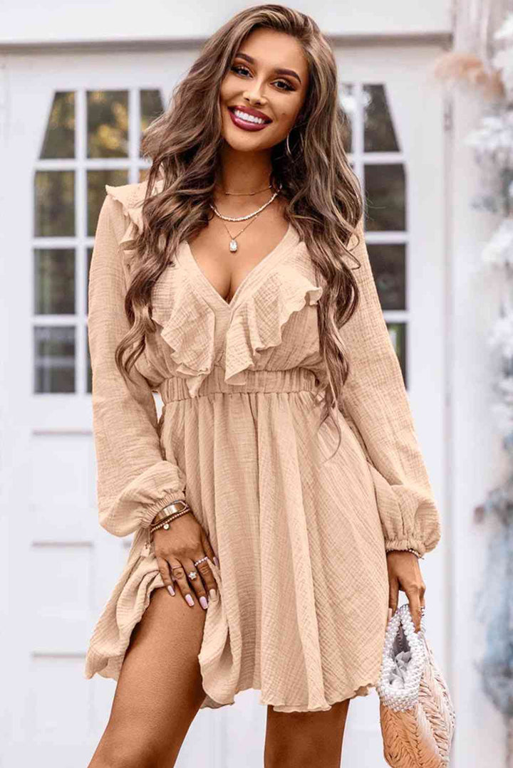 Ruffle Trim V-Neck Long Sleeve Mini Dress | 1mrk.com