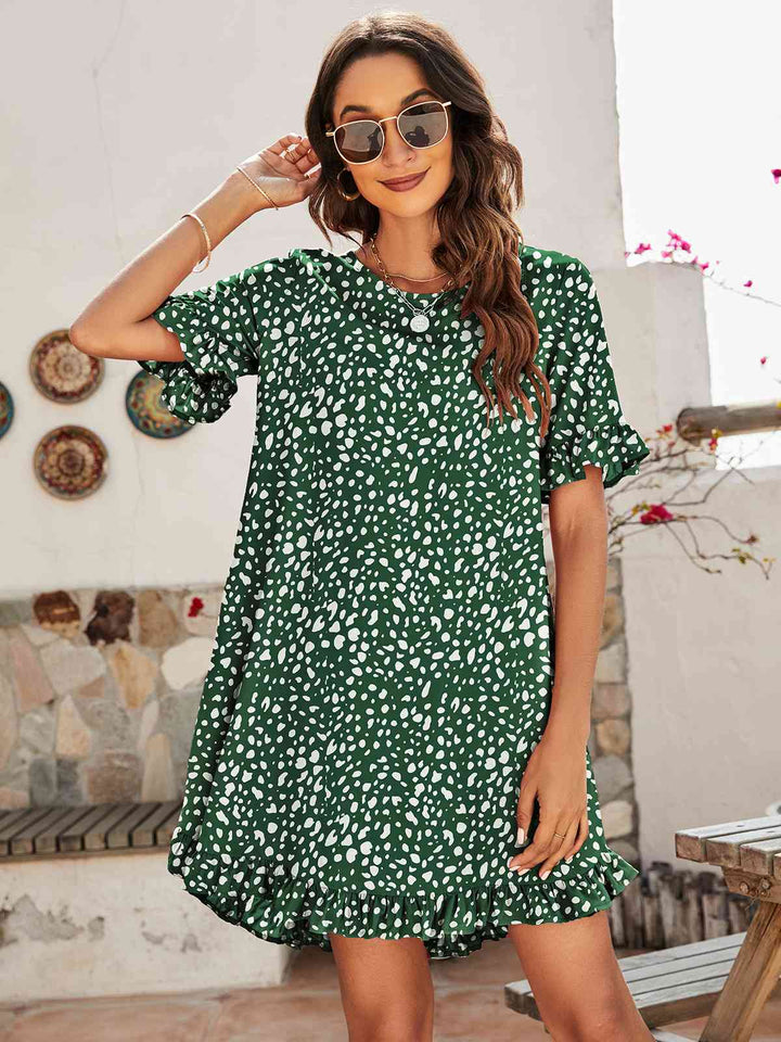 Printed Flounce Sleeve Ruffle Hem Dress |1mrk.com