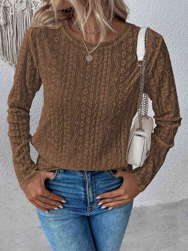 Eyelet Round Neck Long Sleeve Top | 1mrk.com