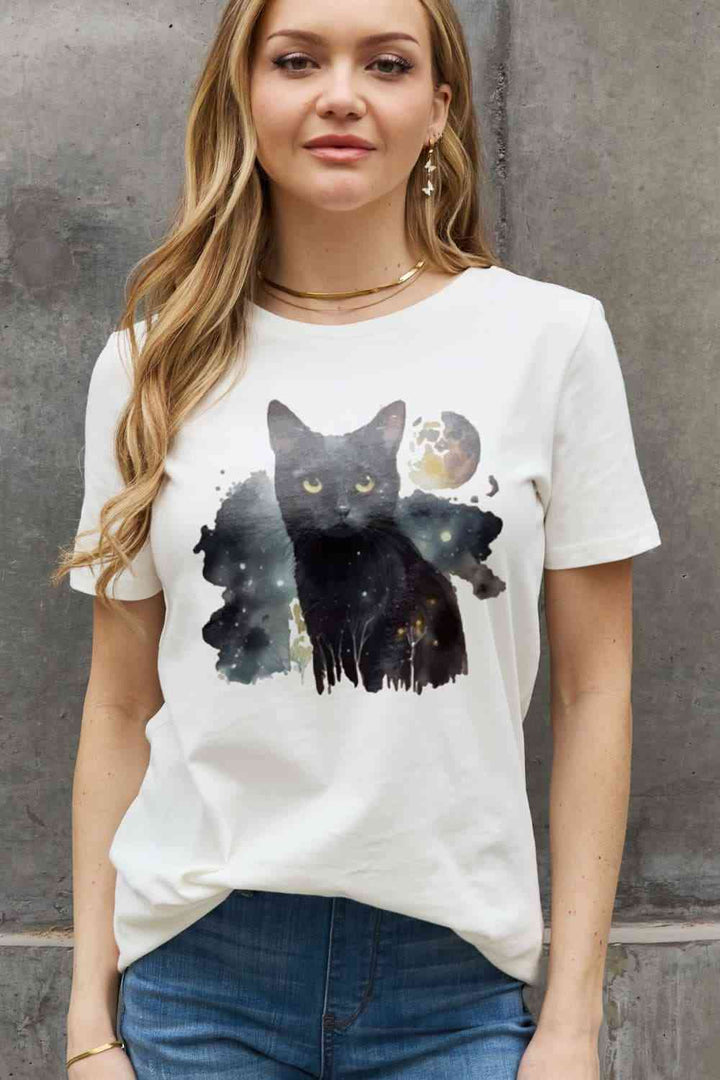 Simply Love Full Size Black Cat Graphic Cotton Tee | 1mrk.com