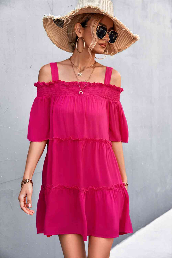 Cold-Shoulder Frill Trim Tiered Dress |1mrk.com