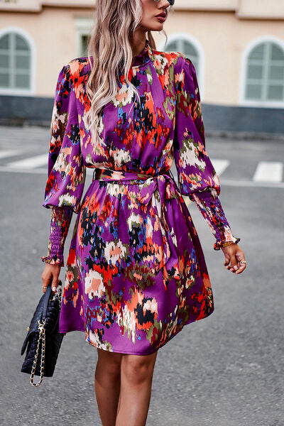 Printed Tie Waist Mock Neck Lantern Sleeve Dress |1mrk.com