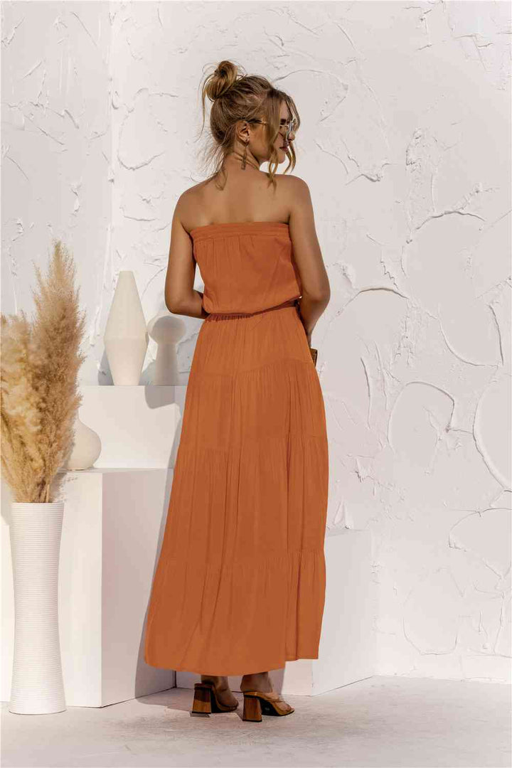 Strapless Tie Waist Tiered Maxi Dress |1mrk.com