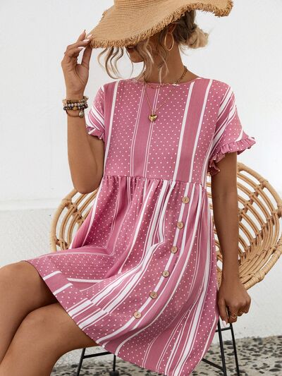 Striped Polka Dot Frill Short Sleeve Mini Dress |1mrk.com