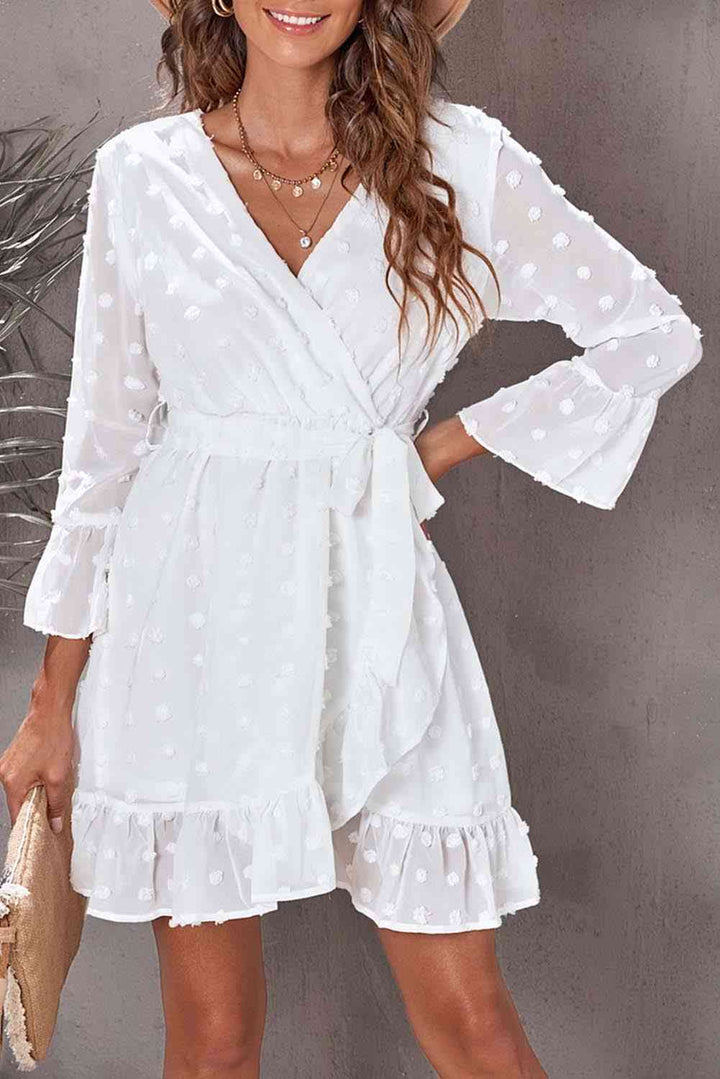 Swiss Dot Ruffled Tie-Waist Surplice Dress |1mrk.com