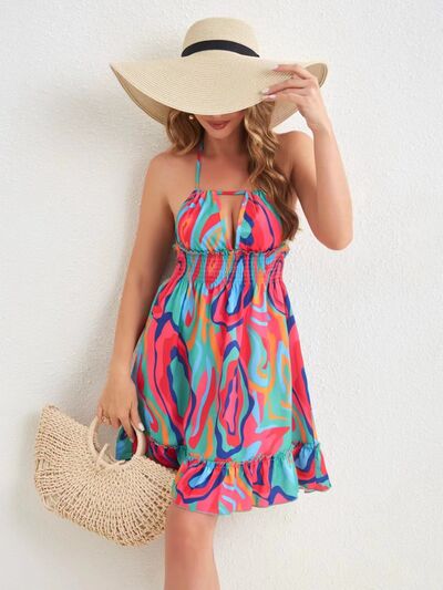 Smocked Printed Halter Neck Mini Dress |1mrk.com