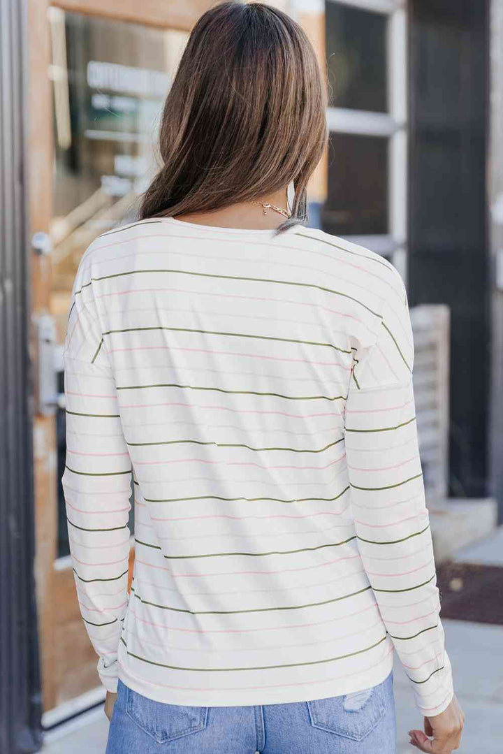 Striped Dropped Shoulder V-Neck Top | 1mrk.com