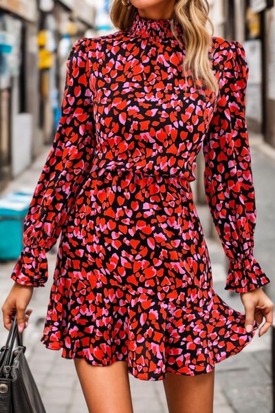 Heart Printed Mock Neck Flounce Sleeve Dress |1mrk.com