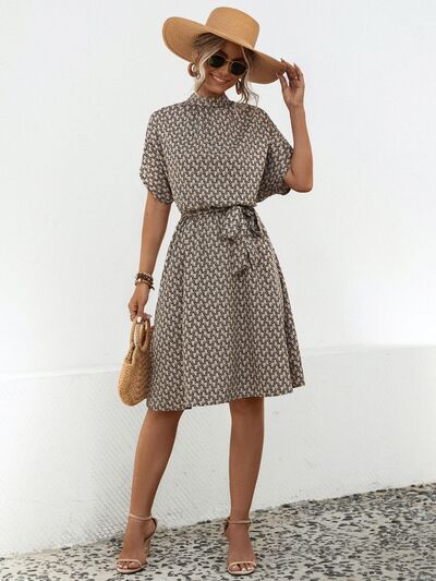 Tied Printed Mock Neck Short Sleeve Dress |1mrk.com