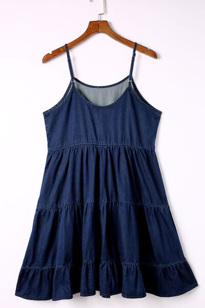 Spaghetti Strap Tiered Denim Dress |1mrk.com