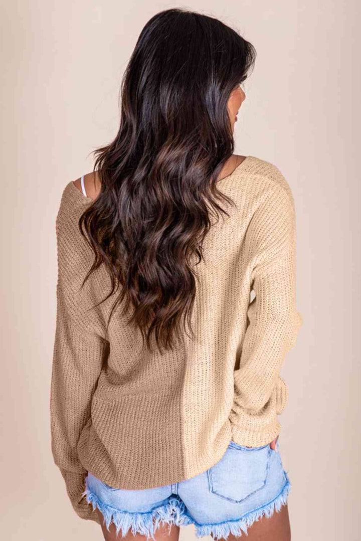 Contrast Color V-Neck Long Sleeve Pullover Sweater |1mrk.com