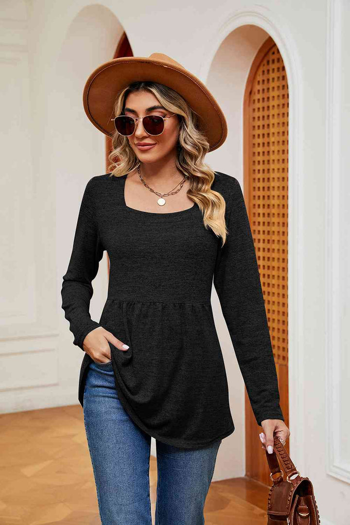 Square Neck Long Sleeve Peplum Top | 1mrk.com