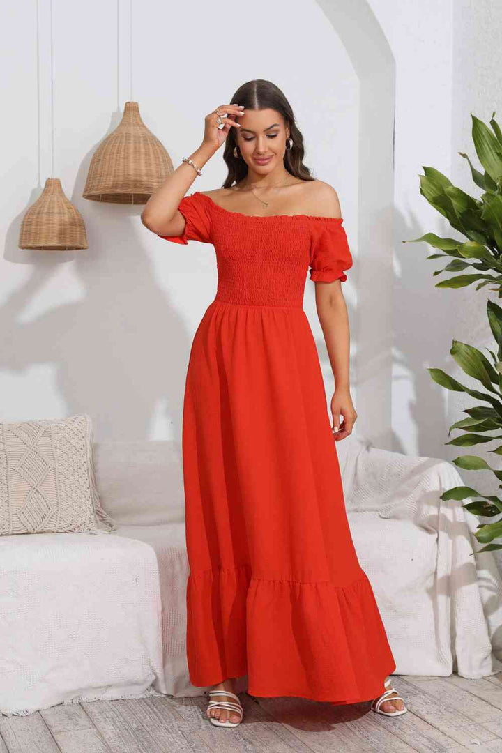 Smocked Off-Shoulder Maxi Dress |1mrk.com