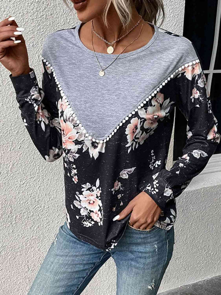 Floral Print Contrast Round Neck Dropped Shoulder Sweatshirt |1mrk.com