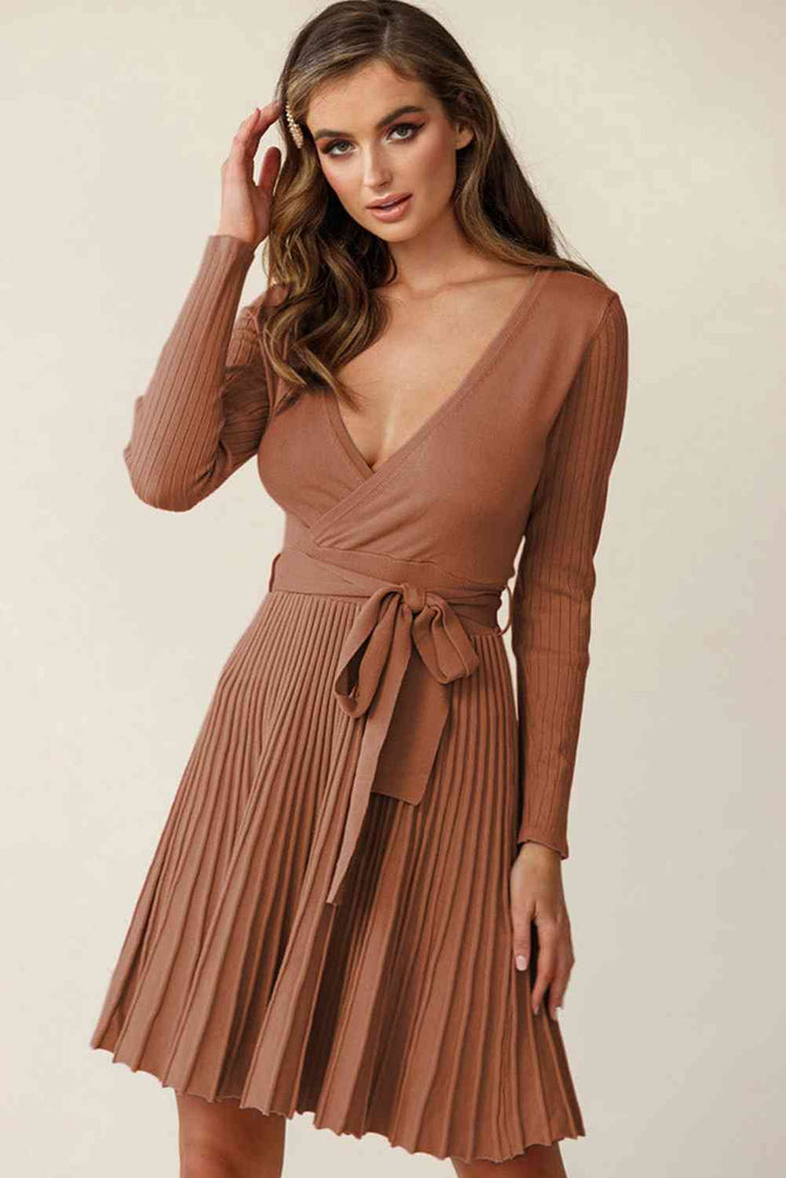 Surplice Neck Tie Waist Pleated Dress |1mrk.com