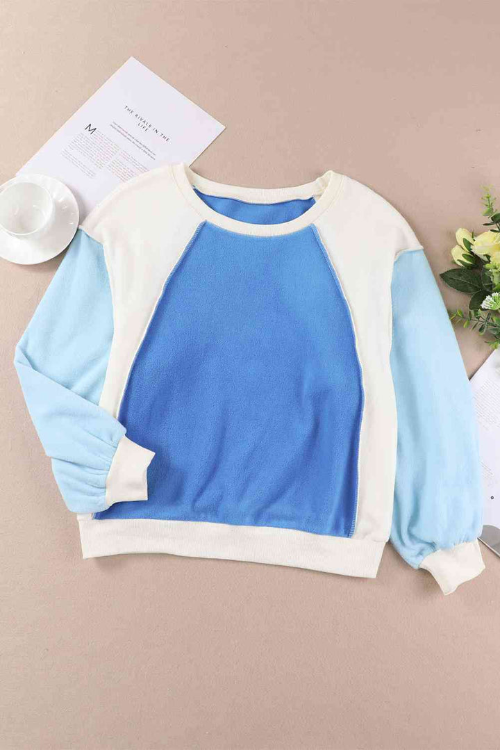 Round Neck Dropped Shoulder Color Block Sweatshirt |1mrk.com