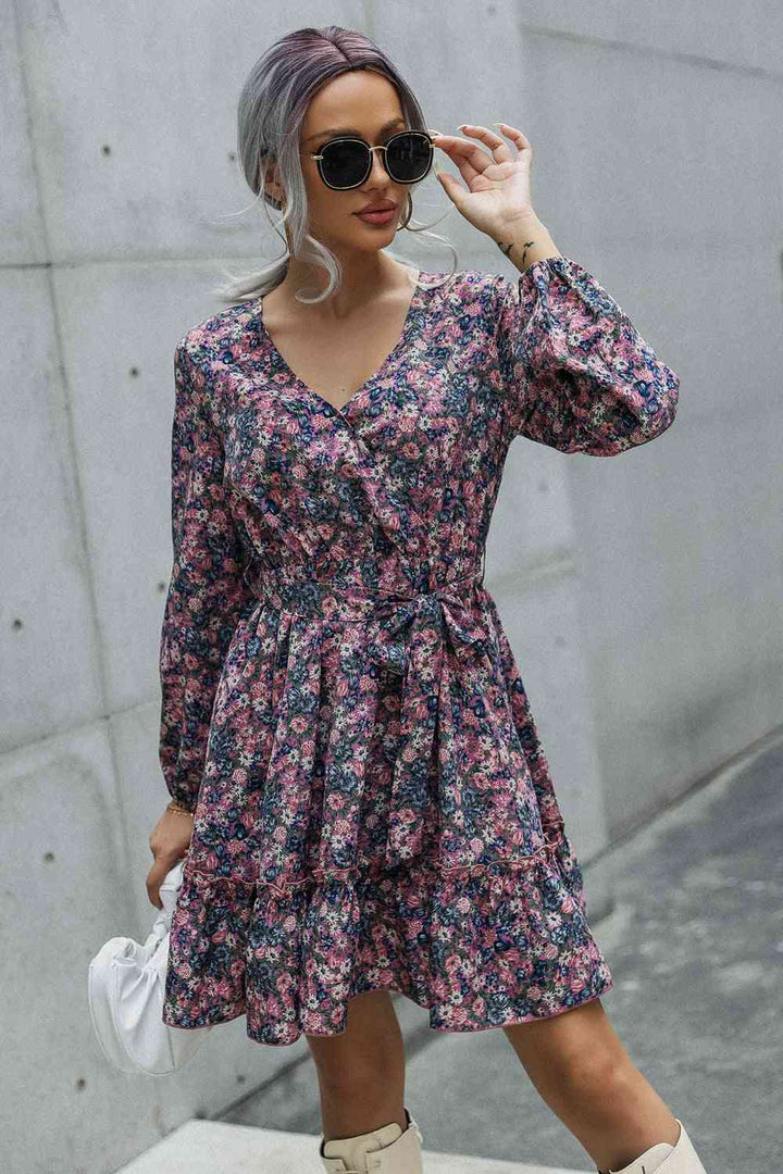 Floral Print Tie Waist Surplice Neck Mini Dress |1mrk.com