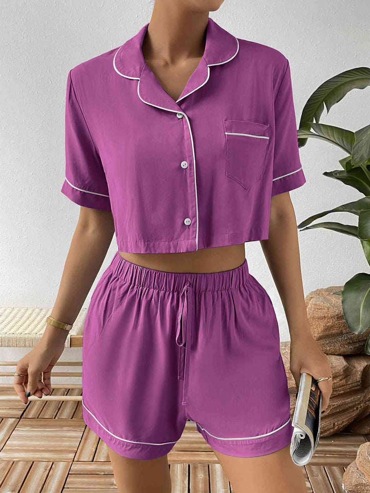 Contrast Lapel Collar Cropped Shirt and Shorts Lounge Set | 1mrk.com