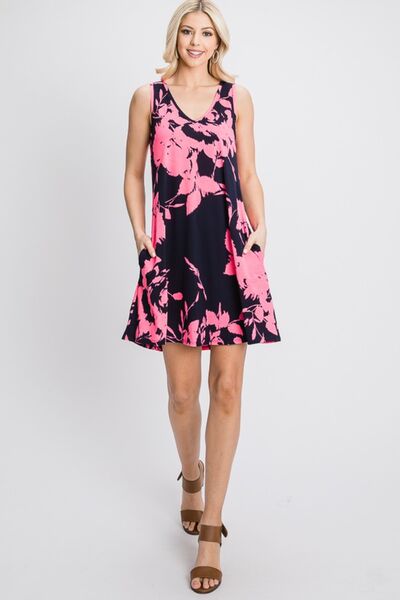 Heimish Full Size Floral V-Neck Tank Dress with Pockets |1mrk.com