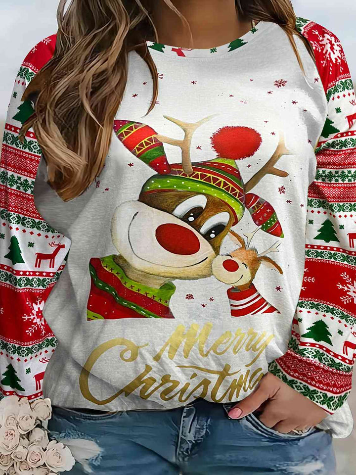 Plus Size Reindeer Graphic Round Neck Long Sleeve T-Shirt | 1mrk.com