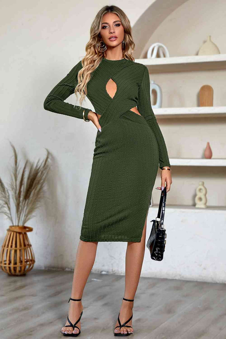 Cutout Crisscross Round Neck Long Sleeve Dress |1mrk.com