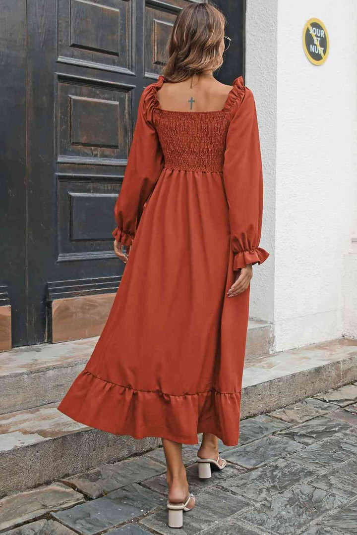 Smocked Ruffle Hem Flounce Sleeve Dress |1mrk.com