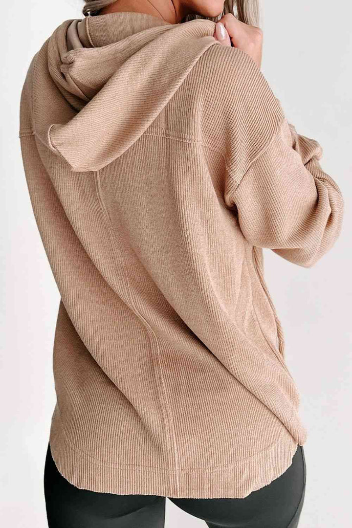 Buttoned Drop Shoulder Drawstring Hoodie |1mrk.com