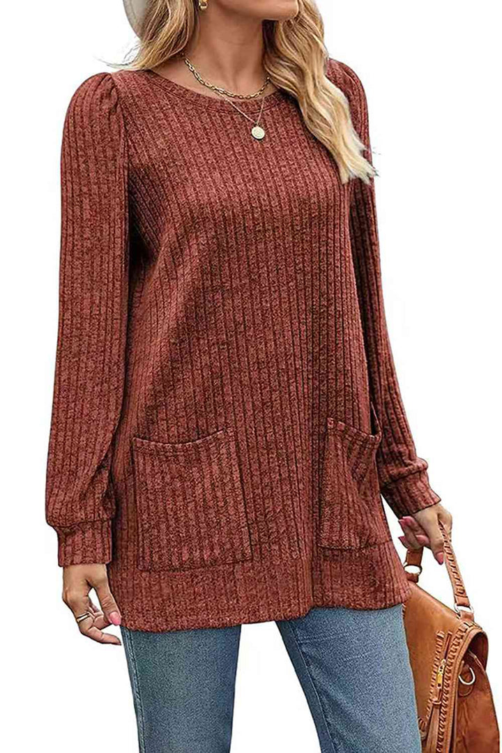 Ribbed Round Neck Long Sleeve T-Shirt | 1mrk.com