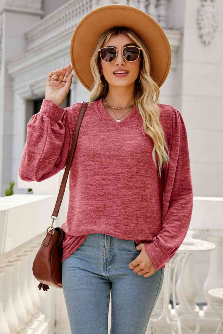 Long Puff Sleeve V-Neck Top | 1mrk.com