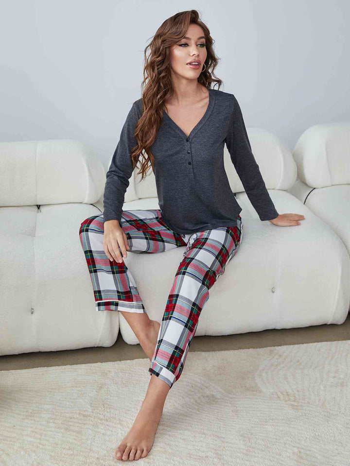 Buttoned Long Sleeve Top and Plaid Pants Lounge Set | 1mrk.com