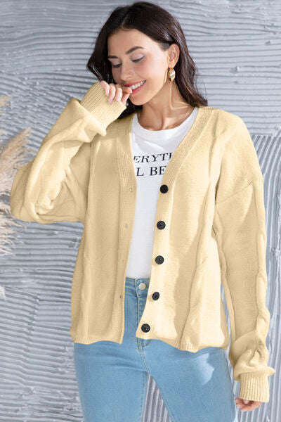 Button Up V-Neck Drop Shoulder Long Sleeve Cardigan |1mrk.com