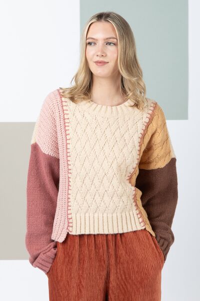 VERY J Color Block Cable Knit Long Sleeve Sweater |1mrk.com