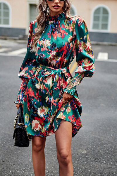 Printed Tie Waist Mock Neck Lantern Sleeve Dress |1mrk.com