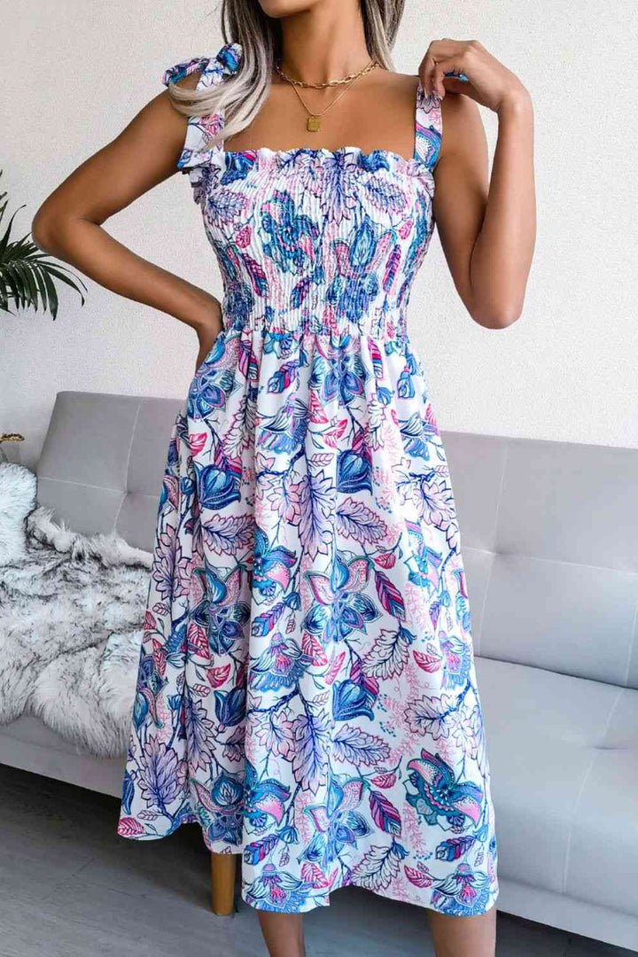 Floral Tie Shoulder Smocked Midi Dress |1mrk.com