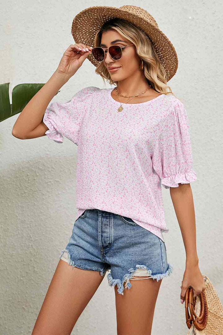 Round Neck Flounce Sleeve Blouse | 1mrk.com