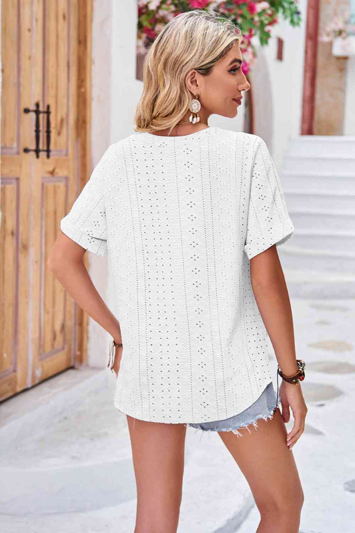 Buttoned Notched Neck Eyelet Top | 1mrk.com