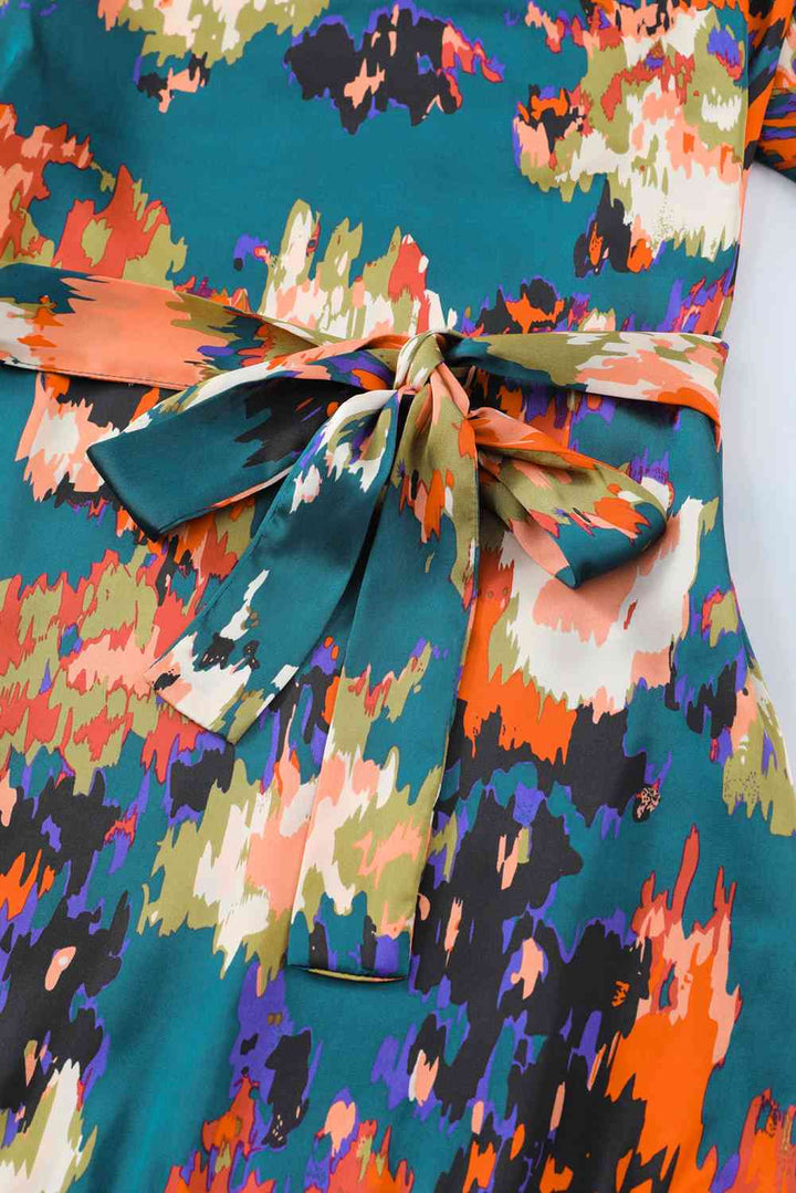 Abstract Print Belted Ruffle Hem Dress |1mrk.com