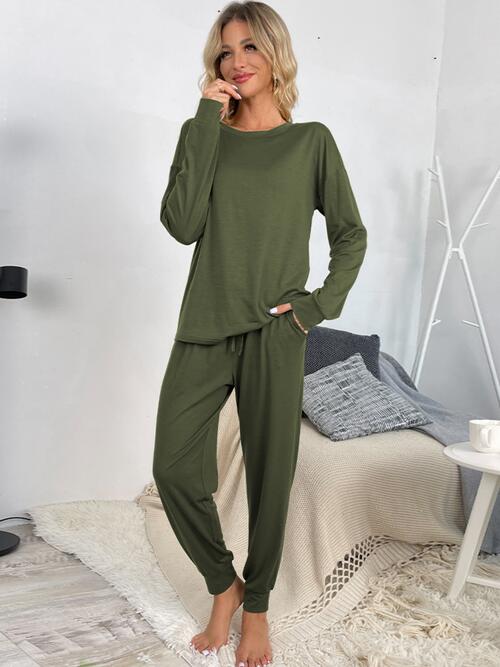 Round Neck Top and Drawstring Pants Lounge Set | 1mrk.com