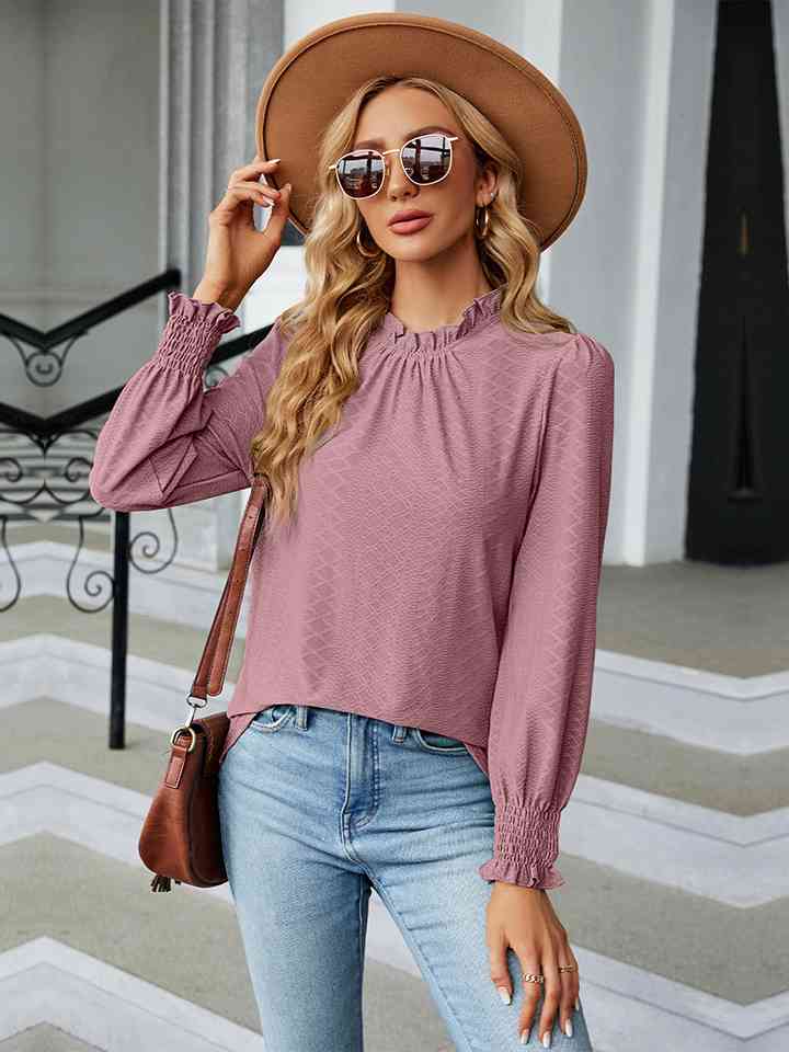 Round Neck Flounce Sleeve Blouse | 1mrk.com