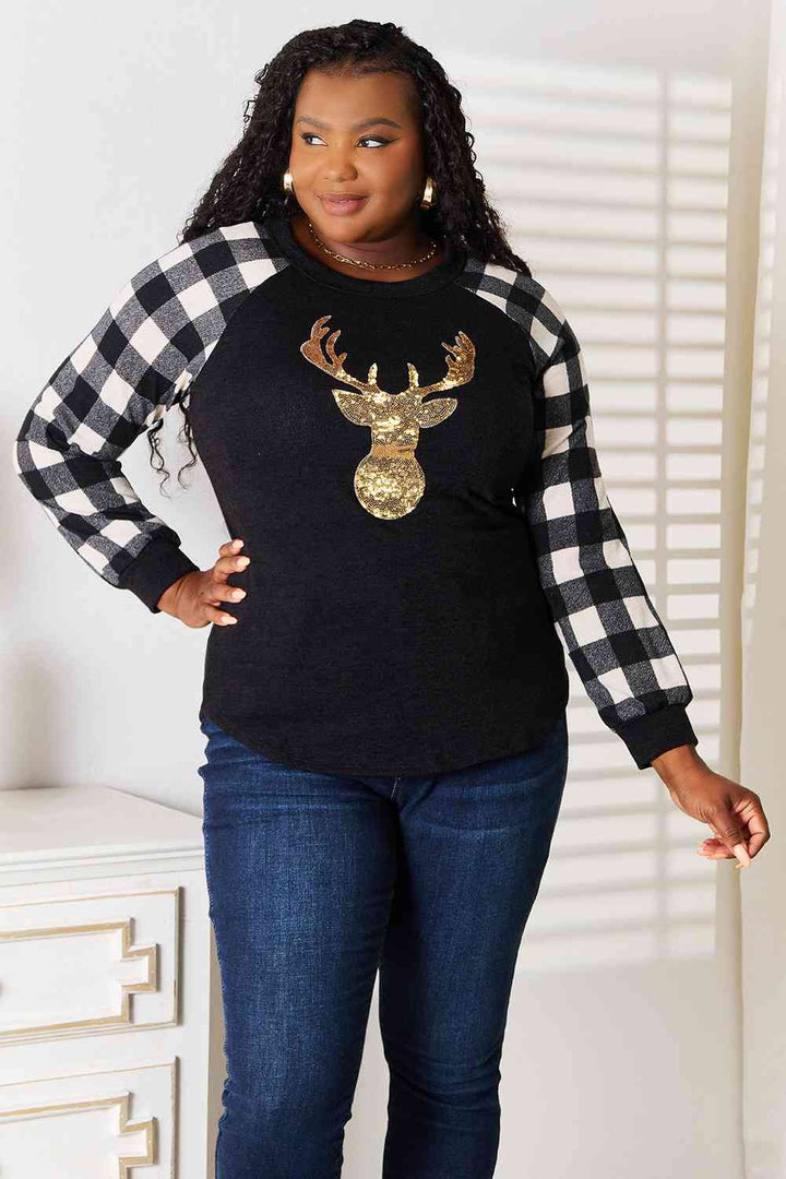 Heimish Full Size Sequin Reindeer Graphic Plaid Top | 1mrk.com