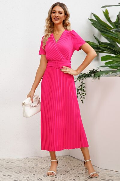 Pleated Surplice Short Sleeve Midi Dress |1mrk.com