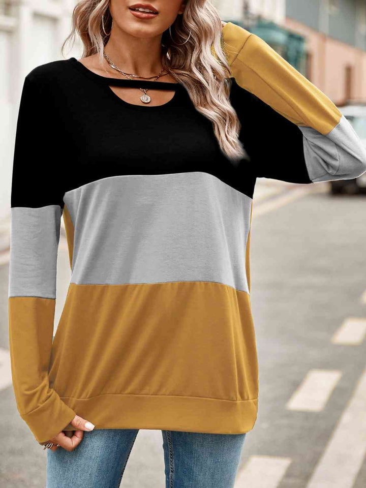 Color Block Cutout Round Neck Long Sleeve T-Shirt | 1mrk.com