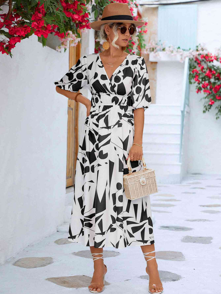 Printed Surplice Balloon Sleeve Dress |1mrk.com