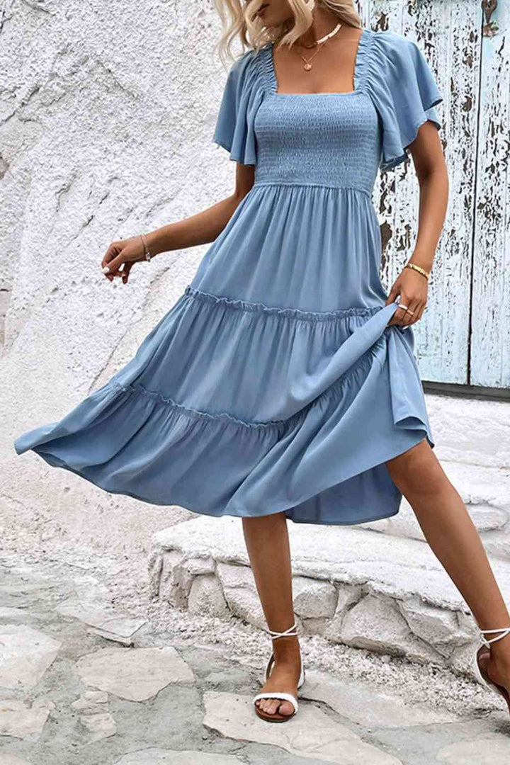 Smocked Square Neck Frill Trim Dress | 1mrk.com