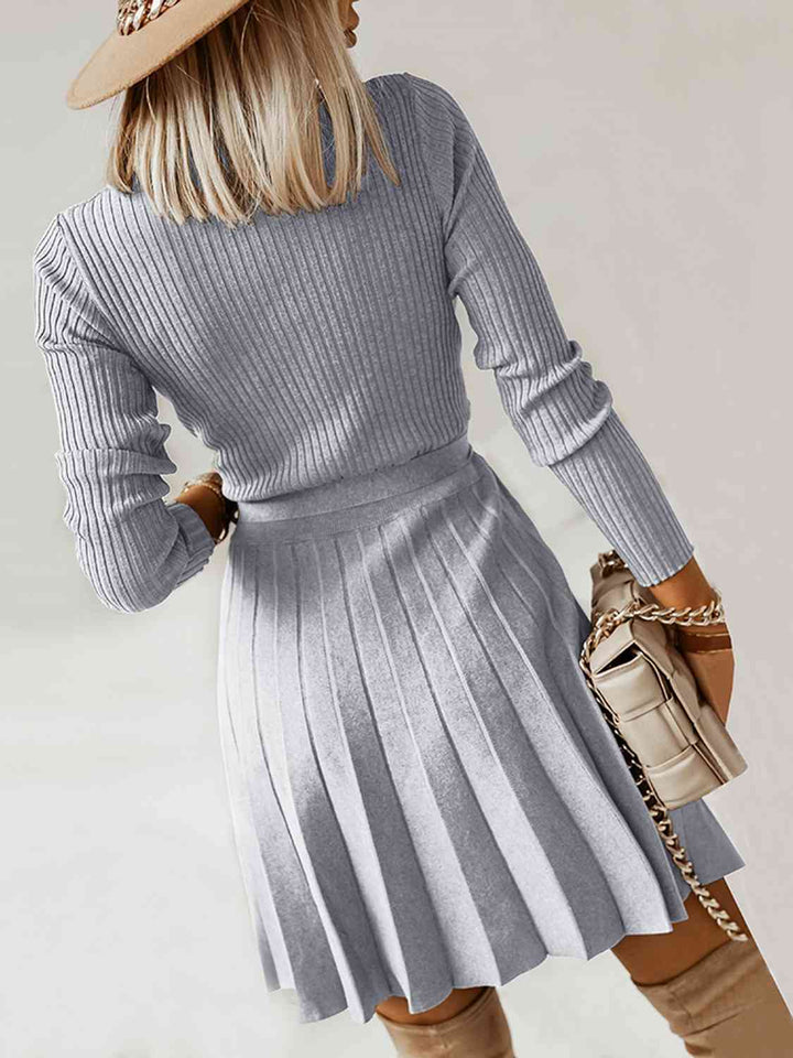 Surplice Neck Tie Front Pleated Sweater Dress | 1mrk.com