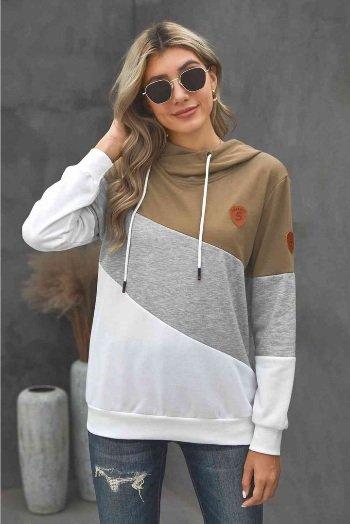 Full Size Range Color Block Cowl Neck Hoodie | 1mrk.com