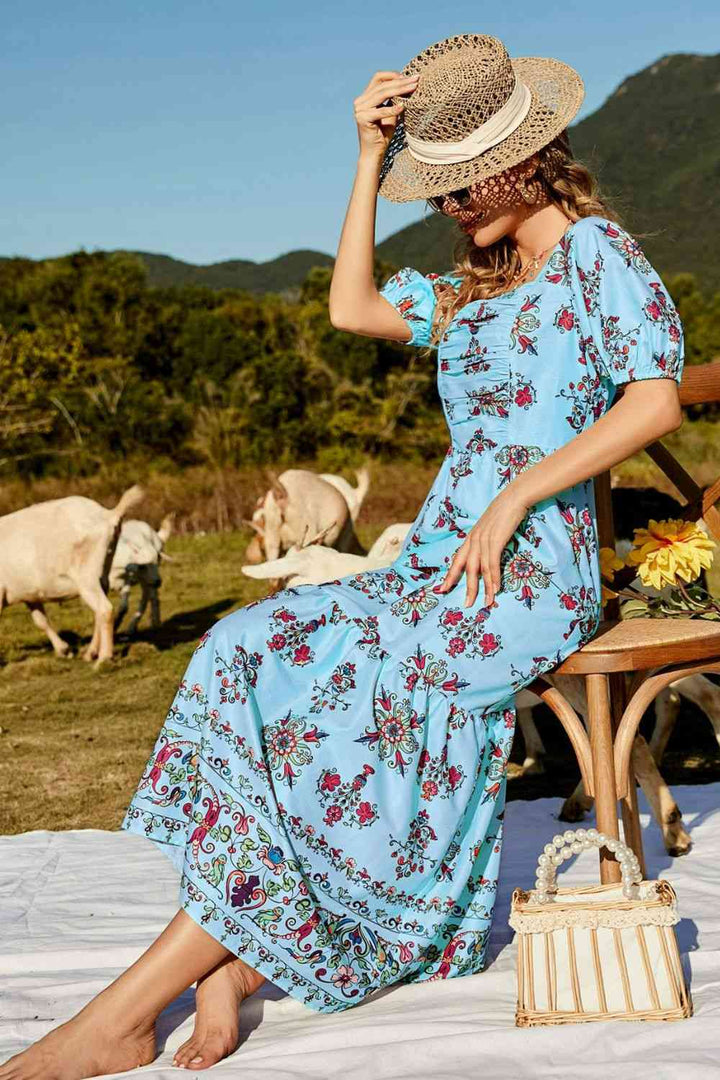 Floral Ruched Puff Sleeve Tiered Maxi Dress | 1mrk.com